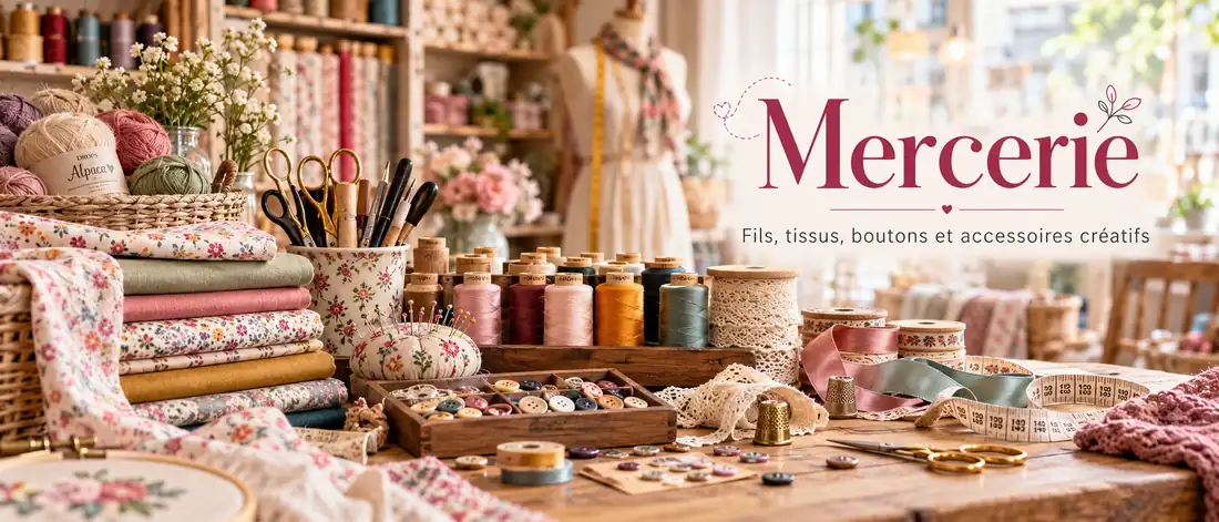 Mercerie : fils, tissus, boutons, rubans, dentelles et accessoires de couture sur un établi